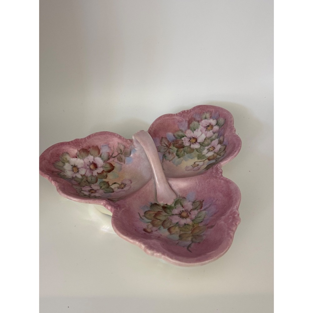 Vintage 1983 Hand Painted Floral Ceramic 3-Section Candy Dish Iridescent Pink